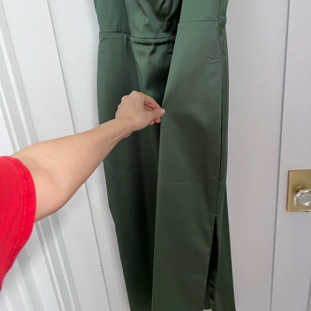 Abercrombie Sculpting Stretch Satin Midi Dress Square-Neck Olive Green - Picture 4 of 12